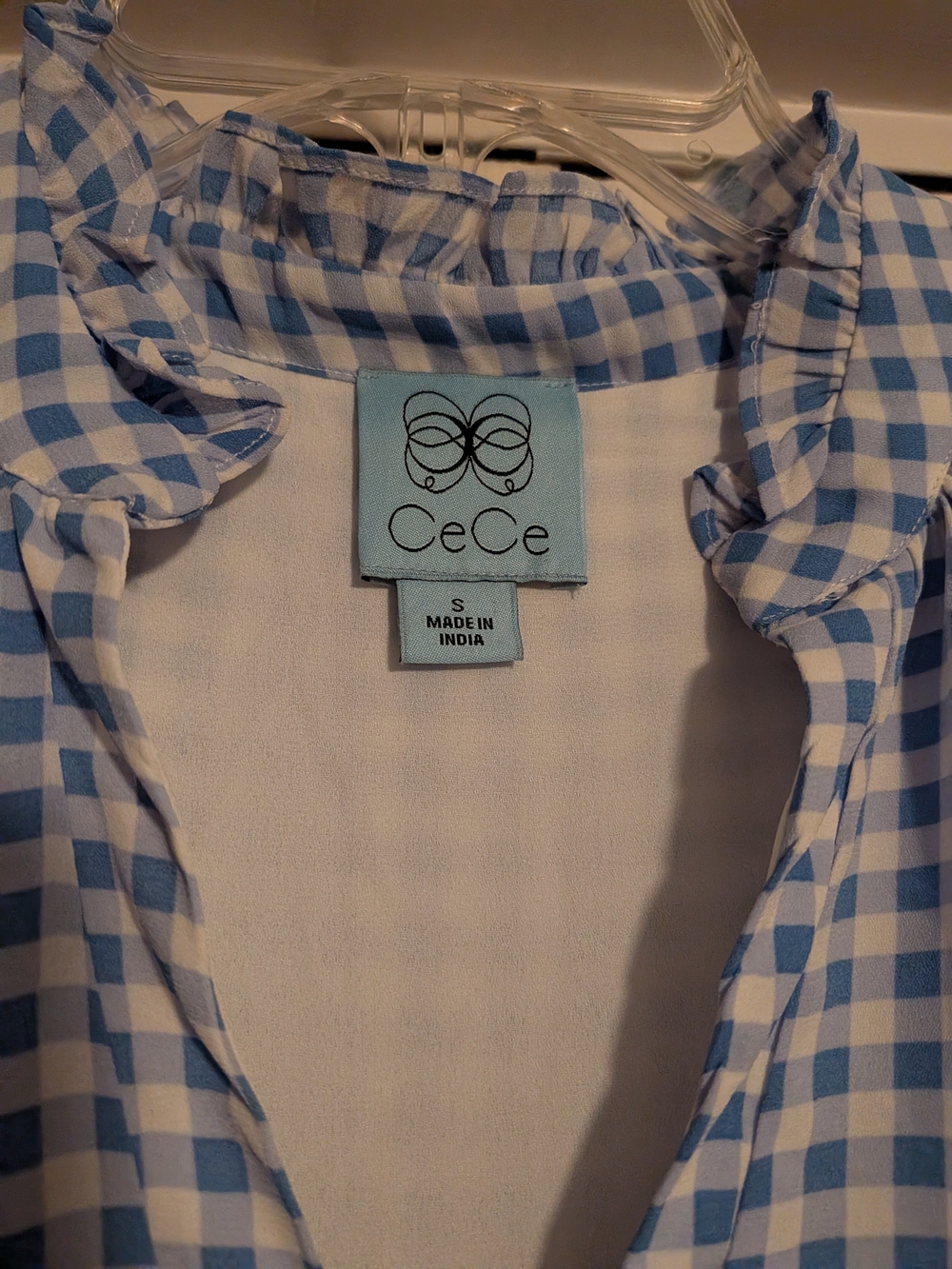 CeCe Blue and White Gingham Tiered Ruffle-Neck Dress - Picture 3 of 5